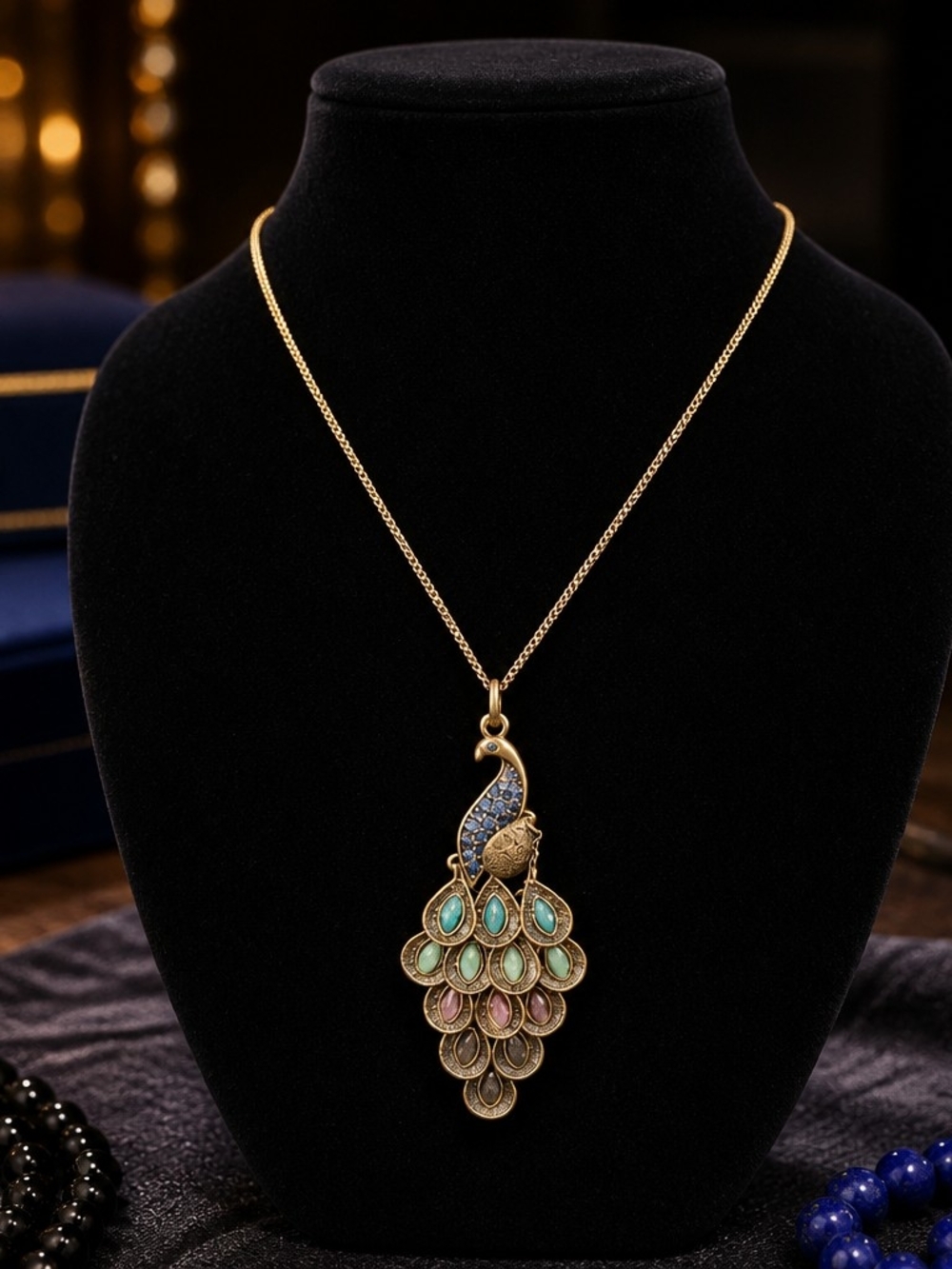 Gold Peacock Pendant Necklace with Multi-Color Stones